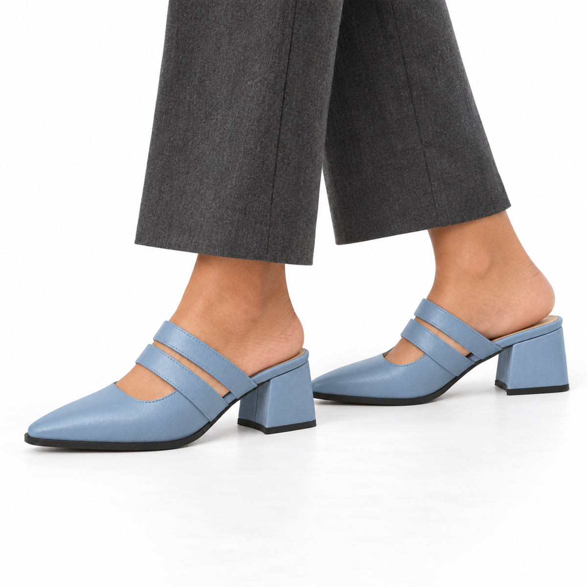 Double Strap Mules Light Blue – ميول حريمي بكعب جلد صناعي بيبي بلو، على الرجل – ECADRA