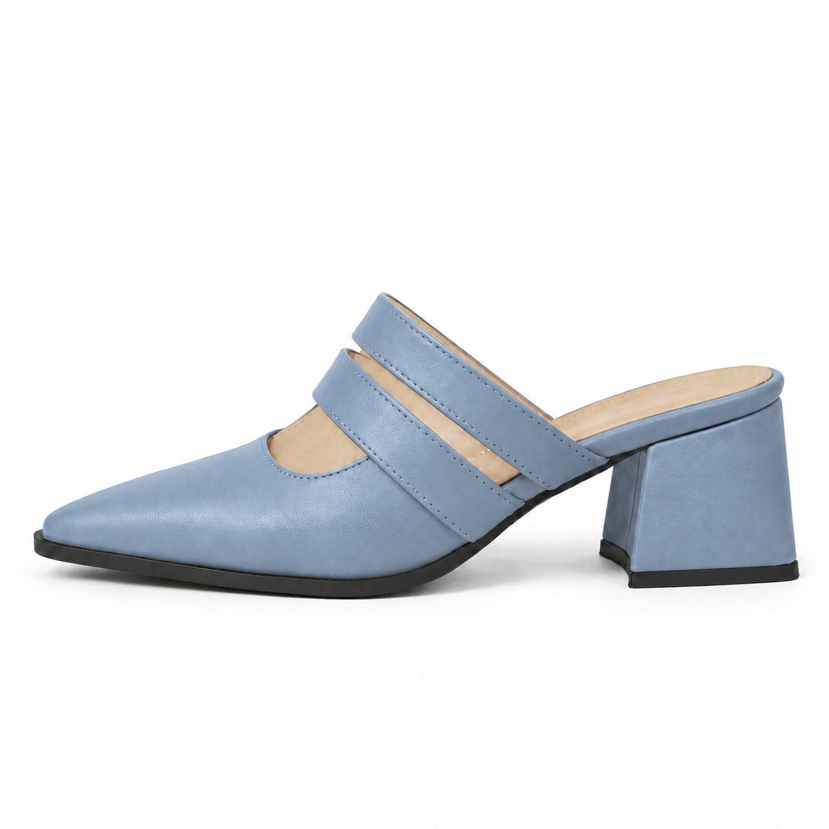 Double Strap Mules Light Blue – ميول حريمي بكعب جلد صناعي بيبي بلو، من الجنب – ECADRA