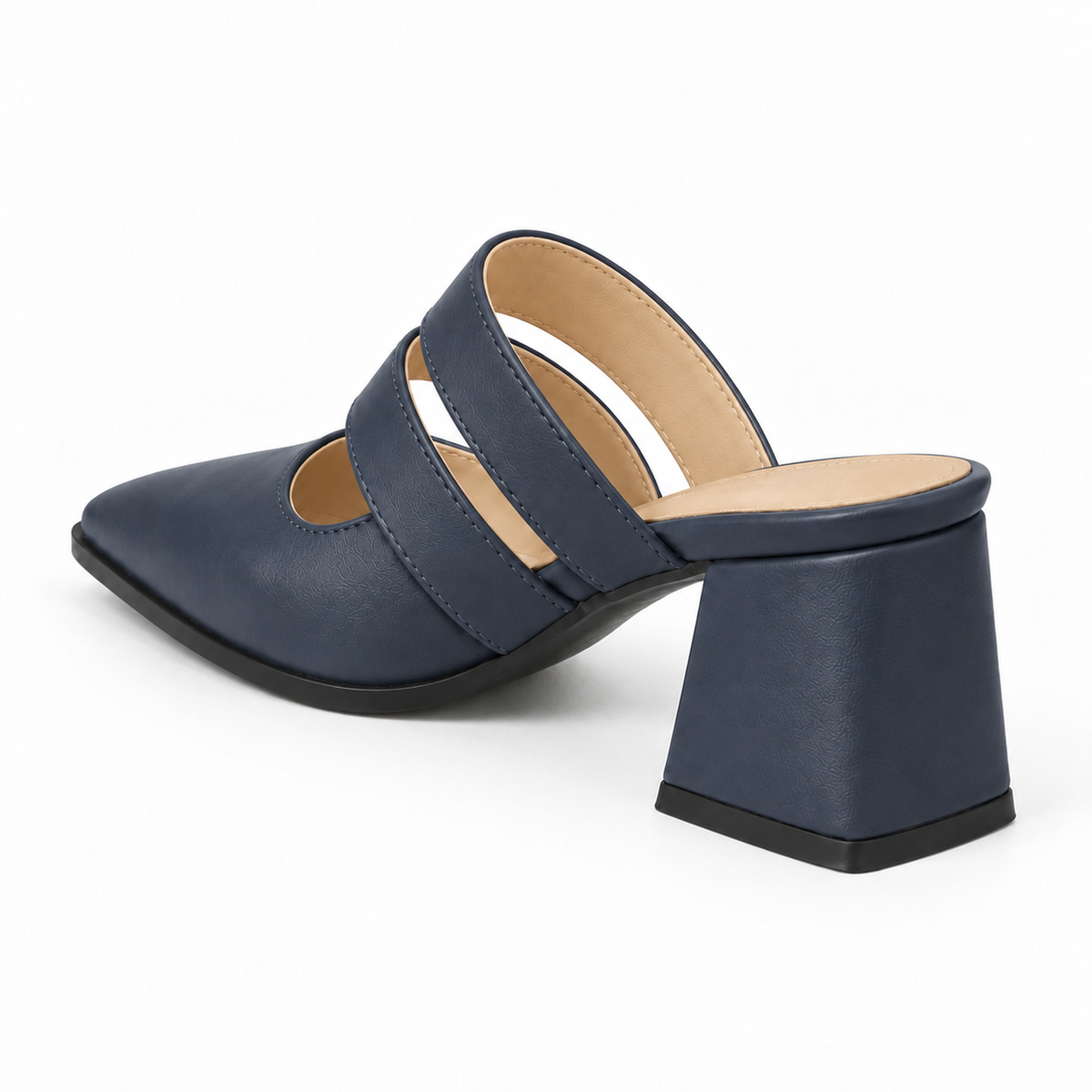 Double Strap Mules Navy Blue – ميول حريمي بكعب جلد صناعي كحلي، من ورا – ECADRA