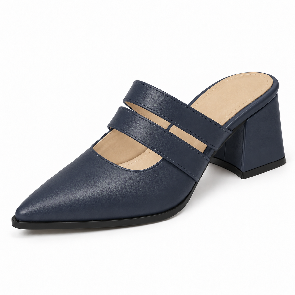 Double Strap Mules Navy Blue – ميول حريمي بكعب جلد صناعي كحلي، من قدام – ECADRA