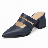 Double Strap Mules Navy Blue – ميول حريمي بكعب جلد صناعي كحلي، من قدام – ECADRA