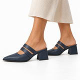Double Strap Mules Navy Blue – ميول حريمي بكعب جلد صناعي كحلي، على الرجل – ECADRA