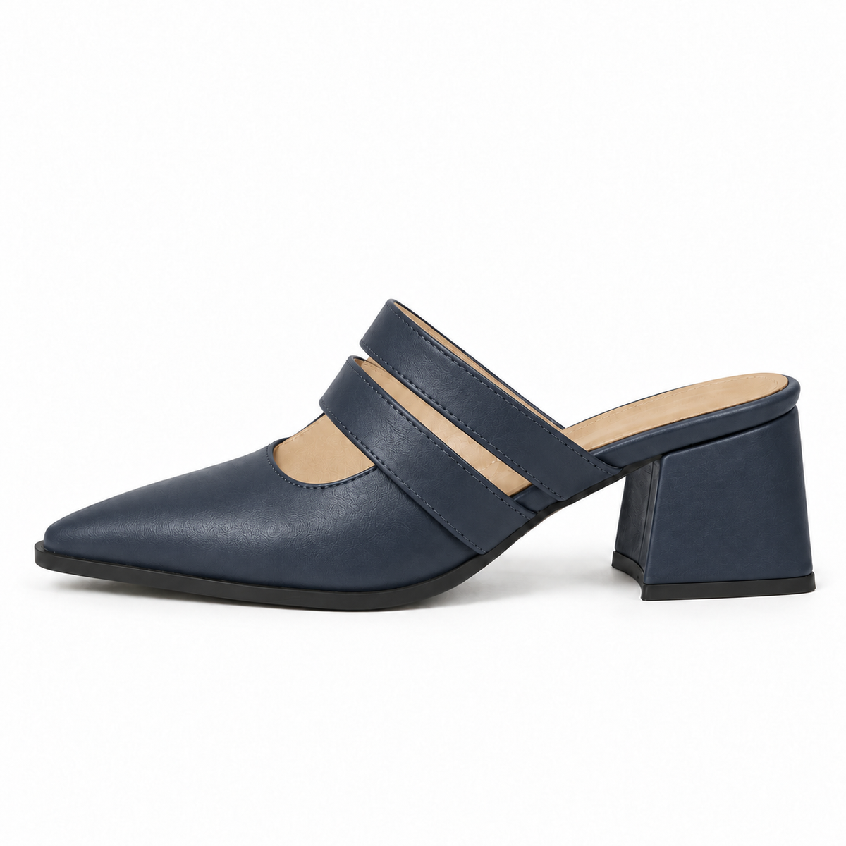 Double Strap Mules Navy Blue – ميول حريمي بكعب جلد صناعي كحلي، من الجنب – ECADRA