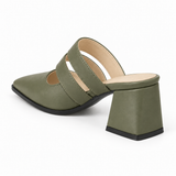Double Strap Mules Olive – ميول حريمي بكعب جلد صناعي زيتي، من ورا – ECADRA