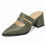 Double Strap Mules Olive – ميول حريمي بكعب جلد صناعي زيتي، من قدام – ECADRA