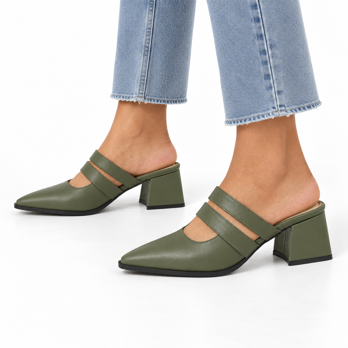 Double Strap Mules Olive – ميول حريمي بكعب جلد صناعي زيتي، على الرجل – ECADRA