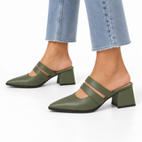 Double Strap Mules Olive – ميول حريمي بكعب جلد صناعي زيتي، على الرجل – ECADRA