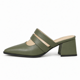 Double Strap Mules Olive – ميول حريمي بكعب جلد صناعي زيتي، من الجنب – ECADRA
