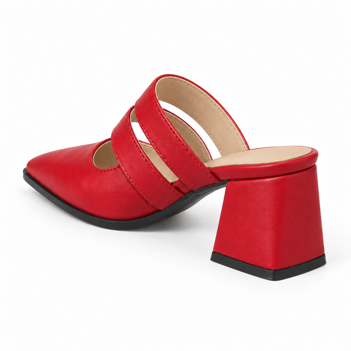 Double Strap Mules Red – ميول حريمي بكعب جلد صناعي أحمر، من ورا – ECADRA