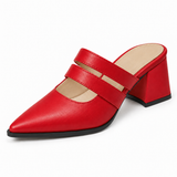 Double Strap Mules Red – ميول حريمي بكعب جلد صناعي أحمر، من قدام – ECADRA