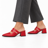 Double Strap Mules Red – ميول حريمي بكعب جلد صناعي أحمر، على الرجل – ECADRA