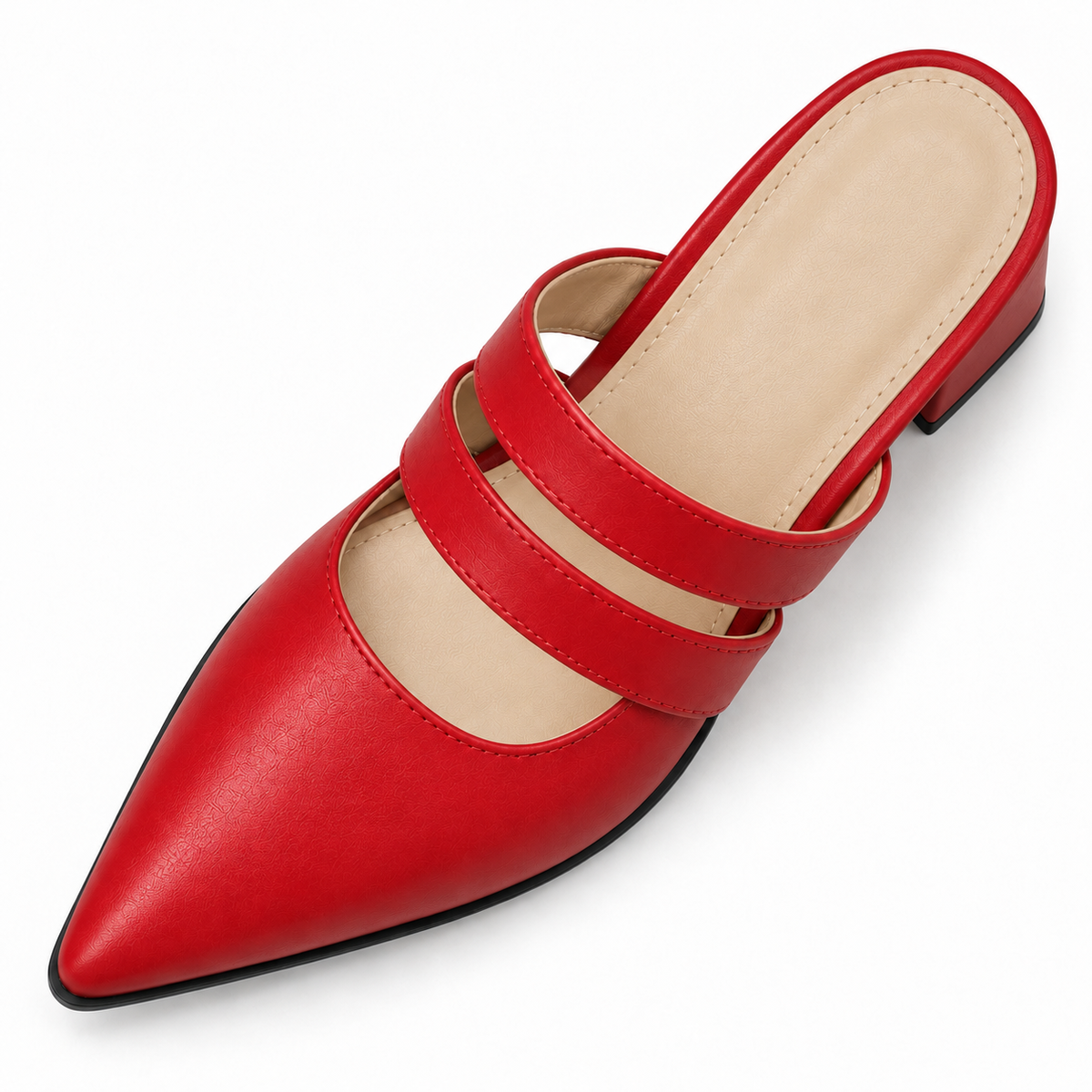 Double Strap Mules Red – ميول حريمي بكعب جلد صناعي أحمر، من فوق – ECADRA