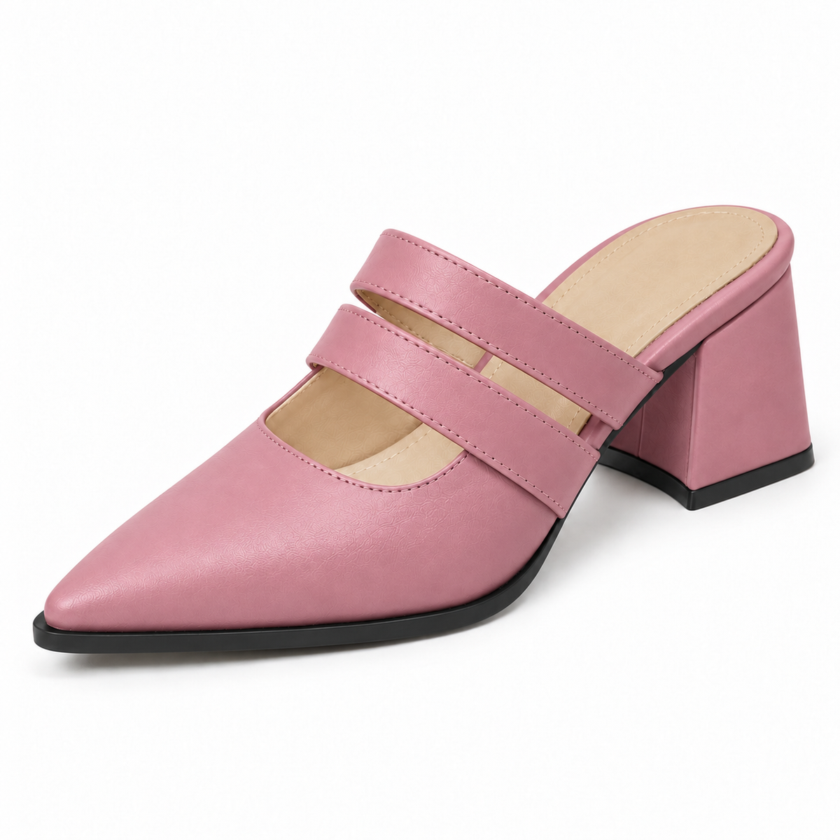Double Strap Mules Rose – ميول حريمي بكعب جلد صناعي روز، من قدام – ECADRA