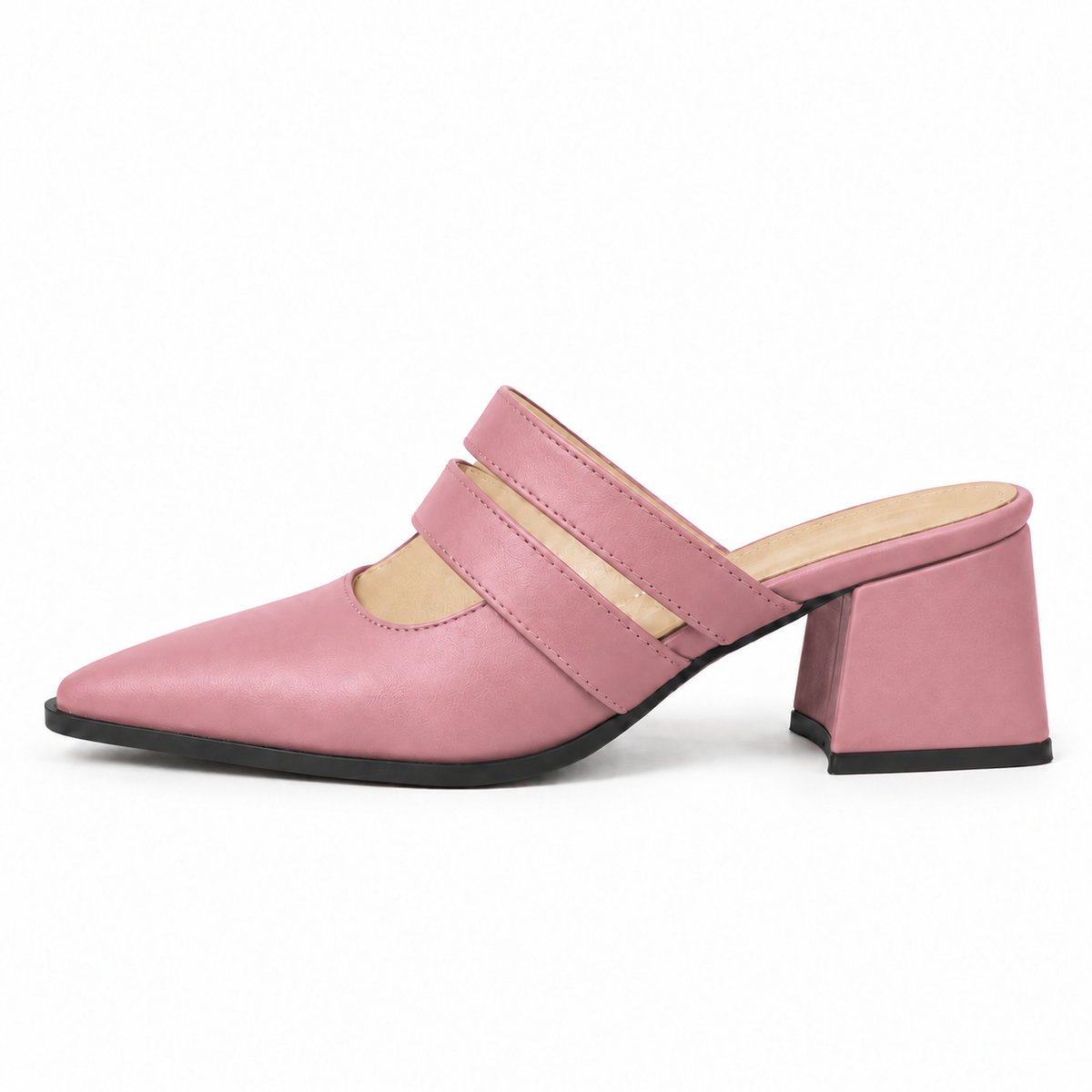 Double Strap Mules Rose – ميول حريمي بكعب جلد صناعي روز، من الجنب – ECADRA