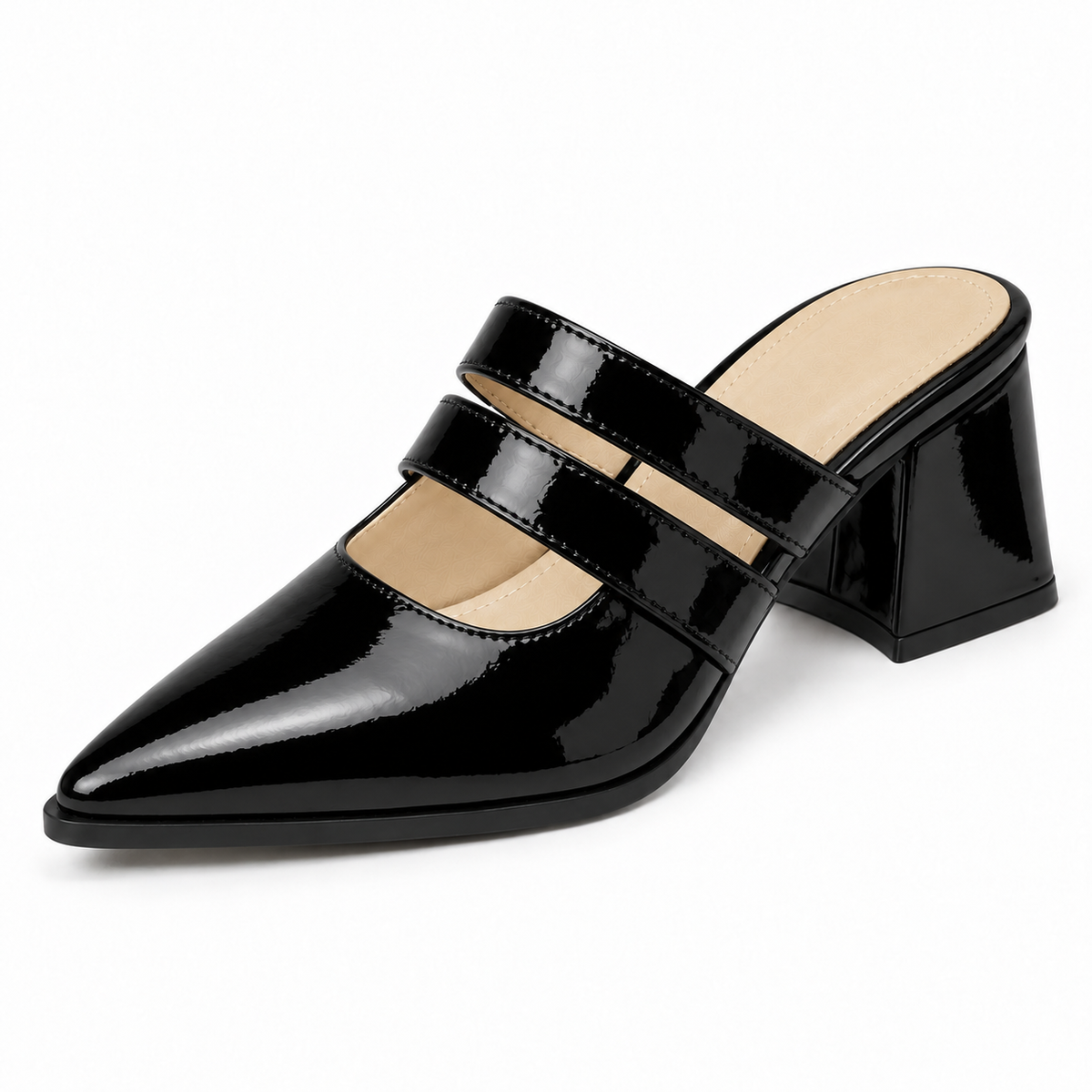 Double Strap Mules Black – ميول حريمي بكعب جلد لامع أسود، من قدام – ECADRA