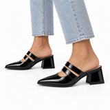 Double Strap Mules Black – ميول حريمي بكعب جلد لامع أسود، على الرجل – ECADRA