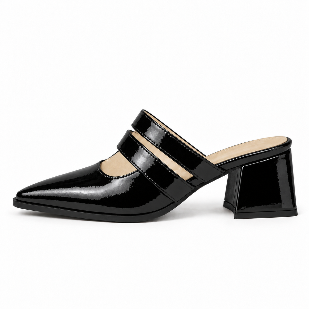 Double Strap Mules Black – ميول حريمي بكعب جلد لامع أسود، من الجنب – ECADRA