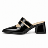 Double Strap Mules Black – ميول حريمي بكعب جلد لامع أسود، من الجنب – ECADRA