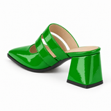 Double Strap Mules Bright Green – ميول حريمي بكعب جلد لامع أخضر فاقع، من ورا – ECADRA