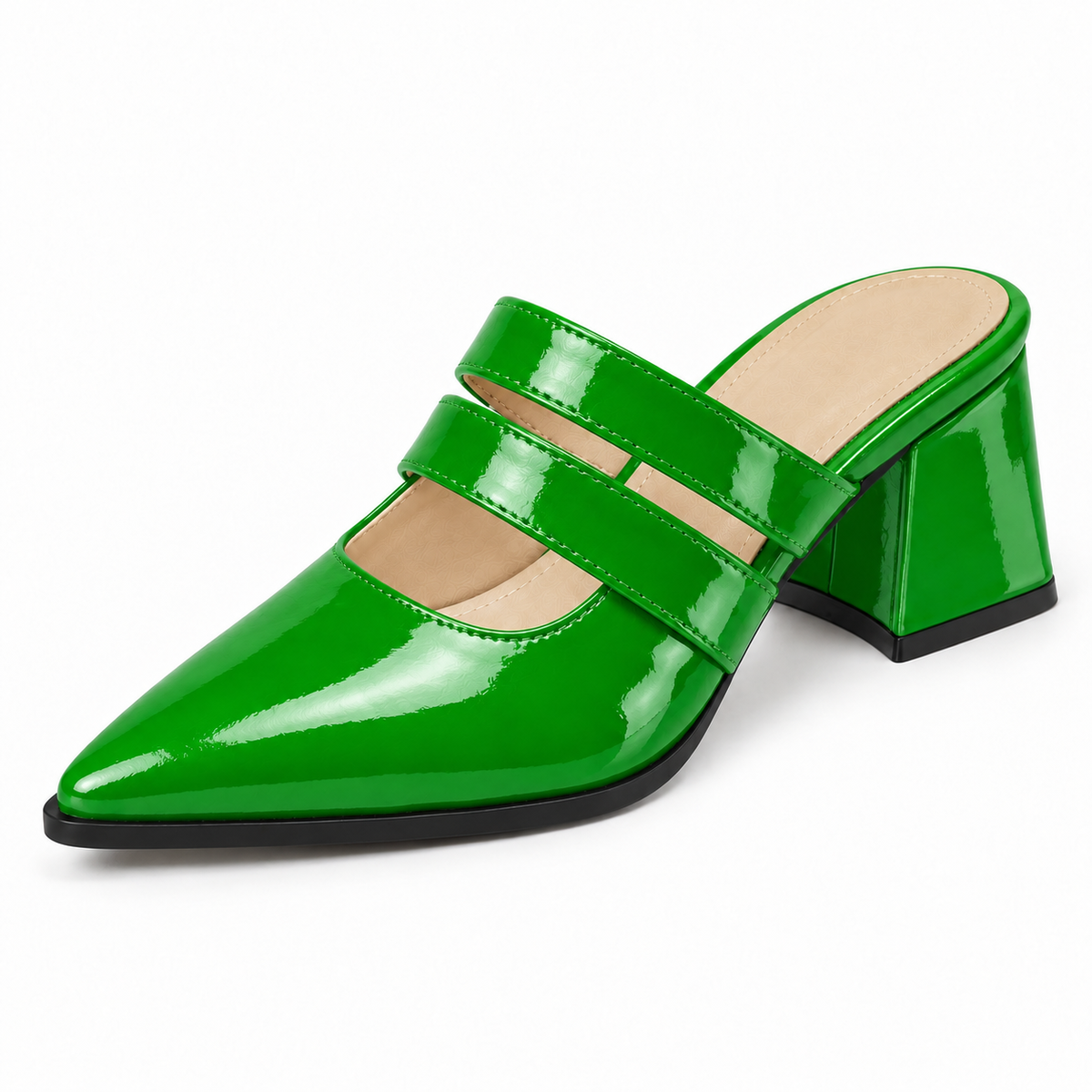 Double Strap Mules Bright Green – ميول حريمي بكعب جلد لامع أخضر فاقع، من قدام – ECADRA