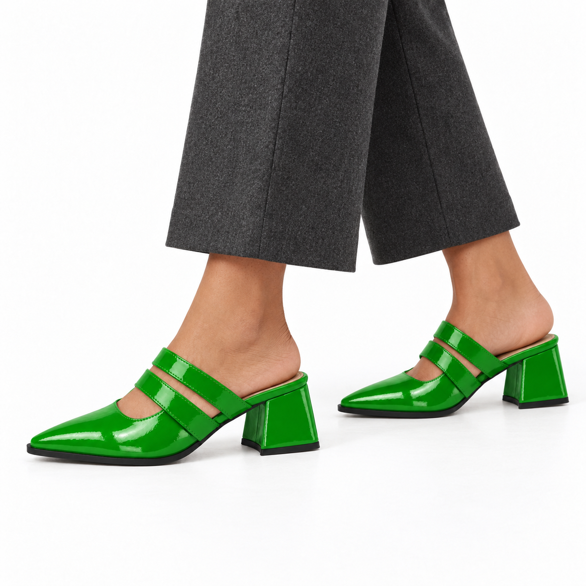 Double Strap Mules Bright Green – ميول حريمي بكعب جلد لامع أخضر فاقع، على الرجل – ECADRA