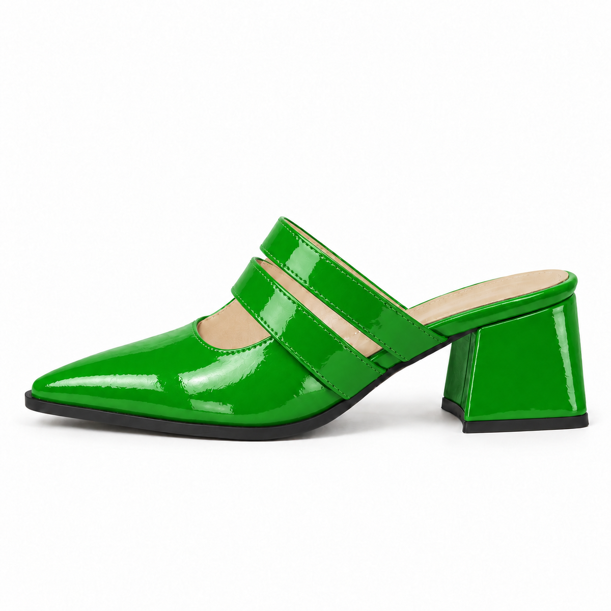 Double Strap Mules Bright Green – ميول حريمي بكعب جلد لامع أخضر فاقع، من الجنب – ECADRA