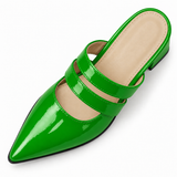 Double Strap Mules Bright Green – ميول حريمي بكعب جلد لامع أخضر فاقع، من فوق – ECADRA