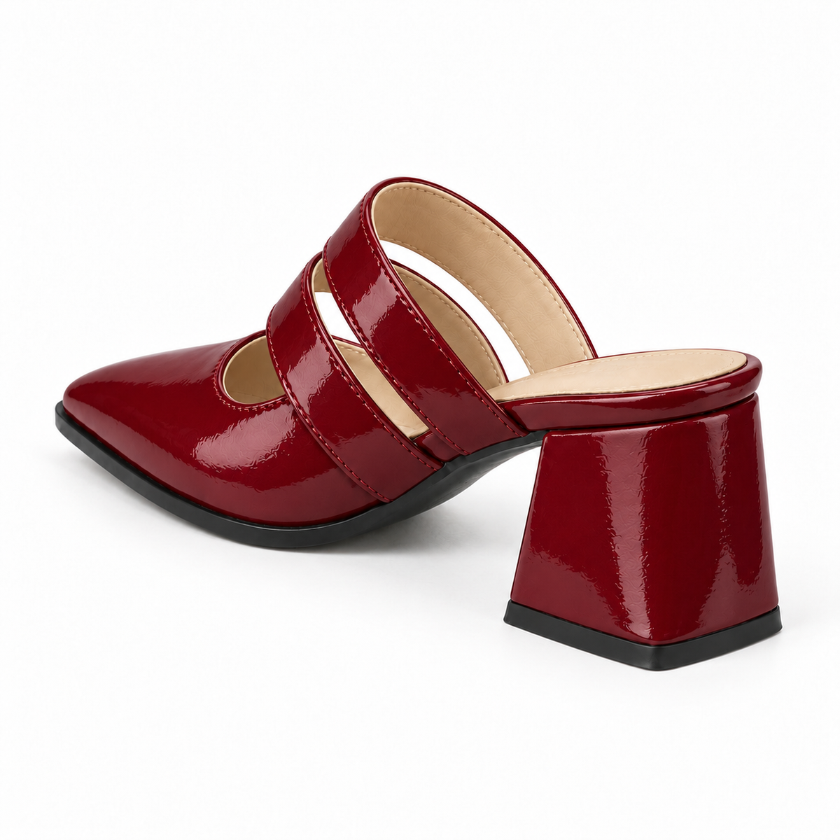 Double Strap Mules Burgundy – ميول حريمي بكعب جلد لامع نبيتي، من ورا – ECADRA