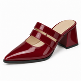 Double Strap Mules Burgundy – ميول حريمي بكعب جلد لامع نبيتي، من قدام – ECADRA