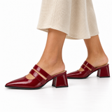 Double Strap Mules Burgundy – ميول حريمي بكعب جلد لامع نبيتي، على الرجل – ECADRA