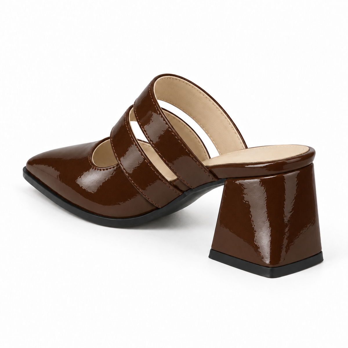 Double Strap Mules Chocolate – ميول حريمي بكعب جلد لامع شوكولاتة، من ورا – ECADRA