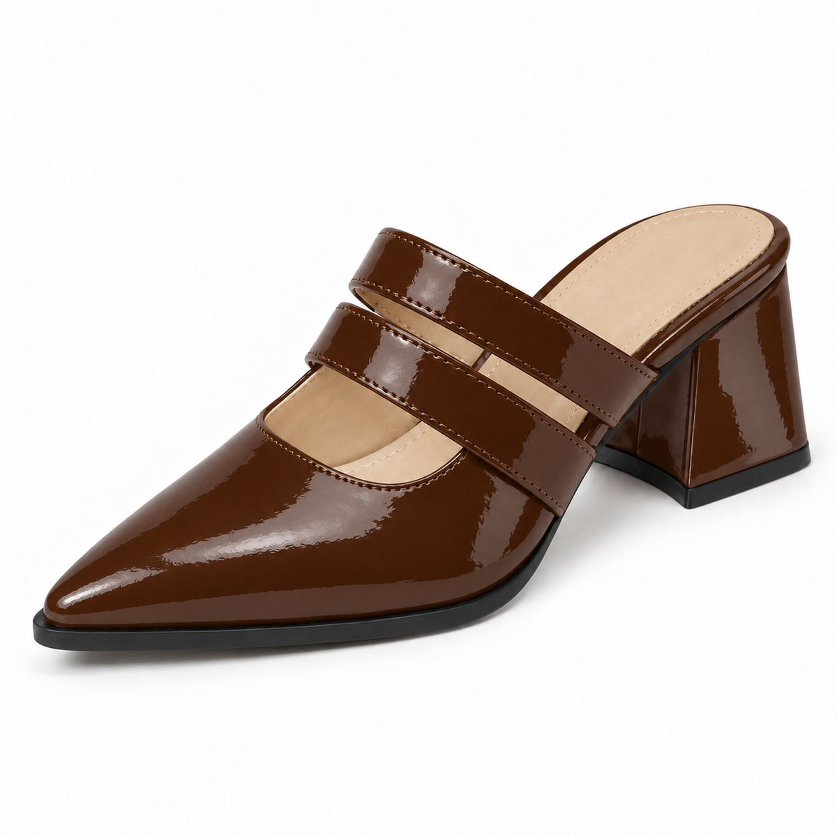 Double Strap Mules Chocolate – ميول حريمي بكعب جلد لامع شوكولاتة، من قدام – ECADRA