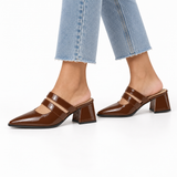 Double Strap Mules Chocolate – ميول حريمي بكعب جلد لامع شوكولاتة، على الرجل – ECADRA