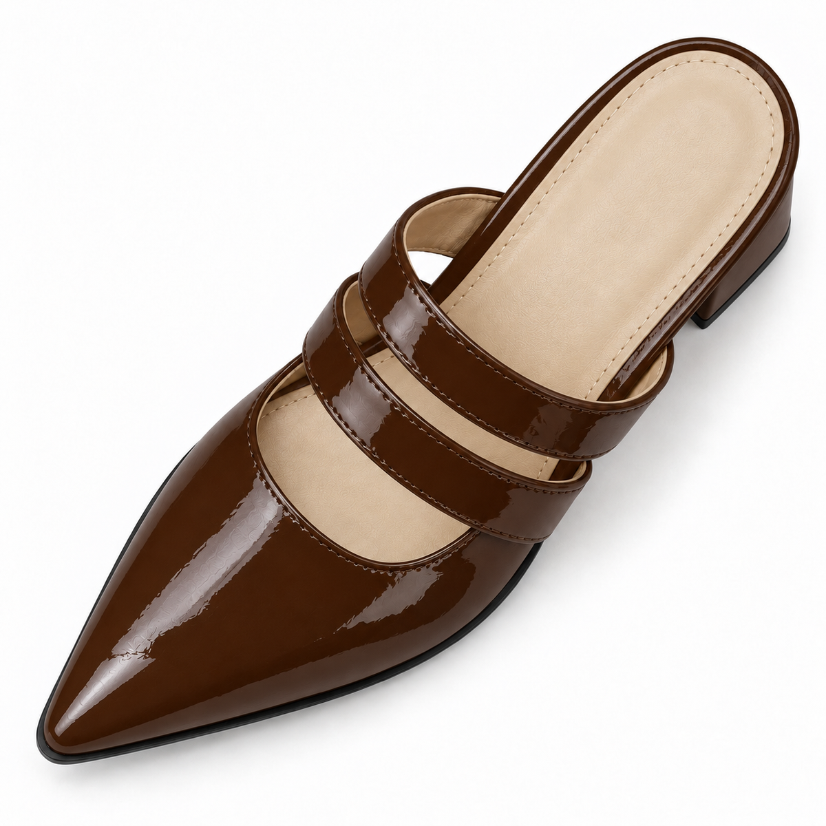 Double Strap Mules Chocolate – ميول حريمي بكعب جلد لامع شوكولاتة، من فوق – ECADRA