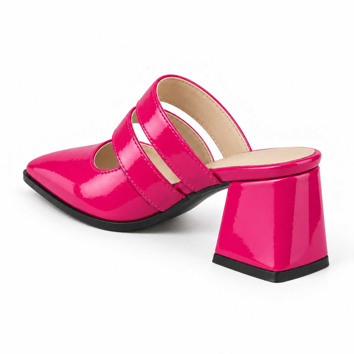 Double Strap Mules Fuchsia – ميول حريمي بكعب جلد لامع فوشيا، من ورا – ECADRA