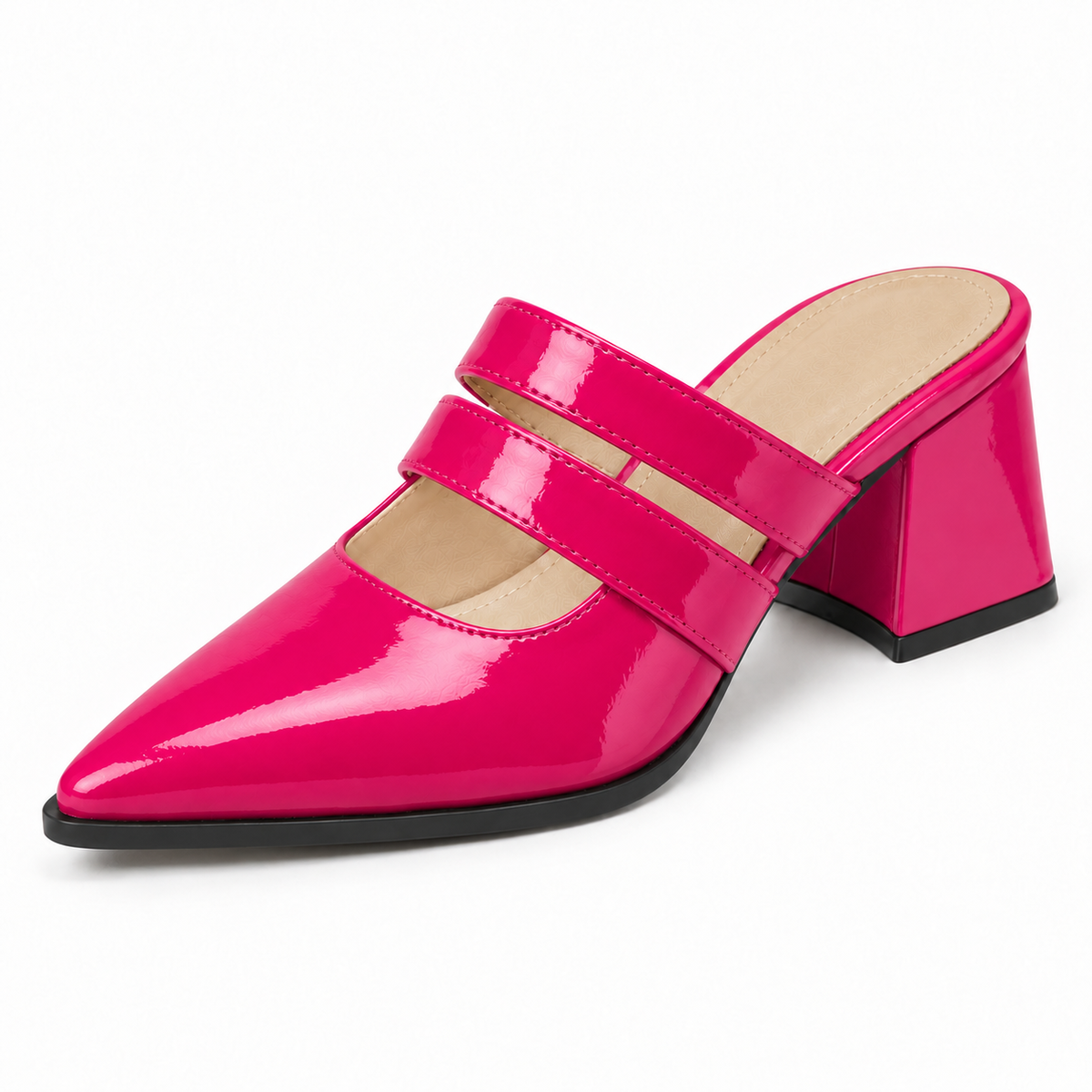 Double Strap Mules Fuchsia – ميول حريمي بكعب جلد لامع فوشيا، من قدام – ECADRA