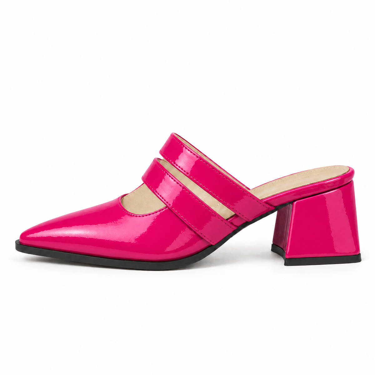 Double Strap Mules Fuchsia – ميول حريمي بكعب جلد لامع فوشيا، من الجنب – ECADRA