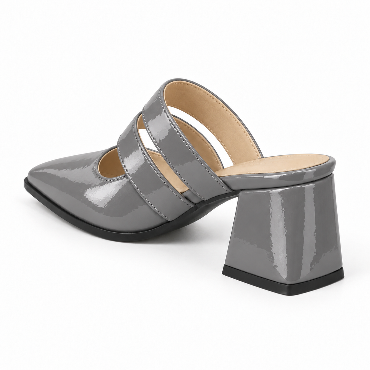 Double Strap Mules Gray – ميول حريمي بكعب جلد لامع رمادي، من ورا – ECADRA
