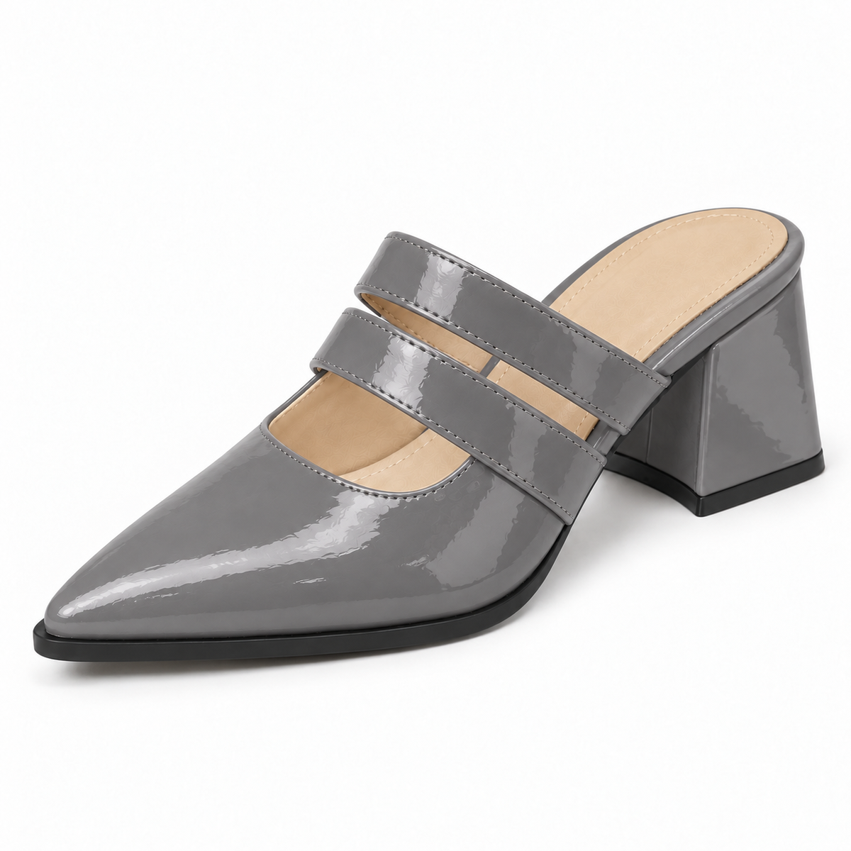 Double Strap Mules Gray – ميول حريمي بكعب جلد لامع رمادي، من قدام – ECADRA