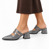Double Strap Mules Gray – ميول حريمي بكعب جلد لامع رمادي، على الرجل – ECADRA