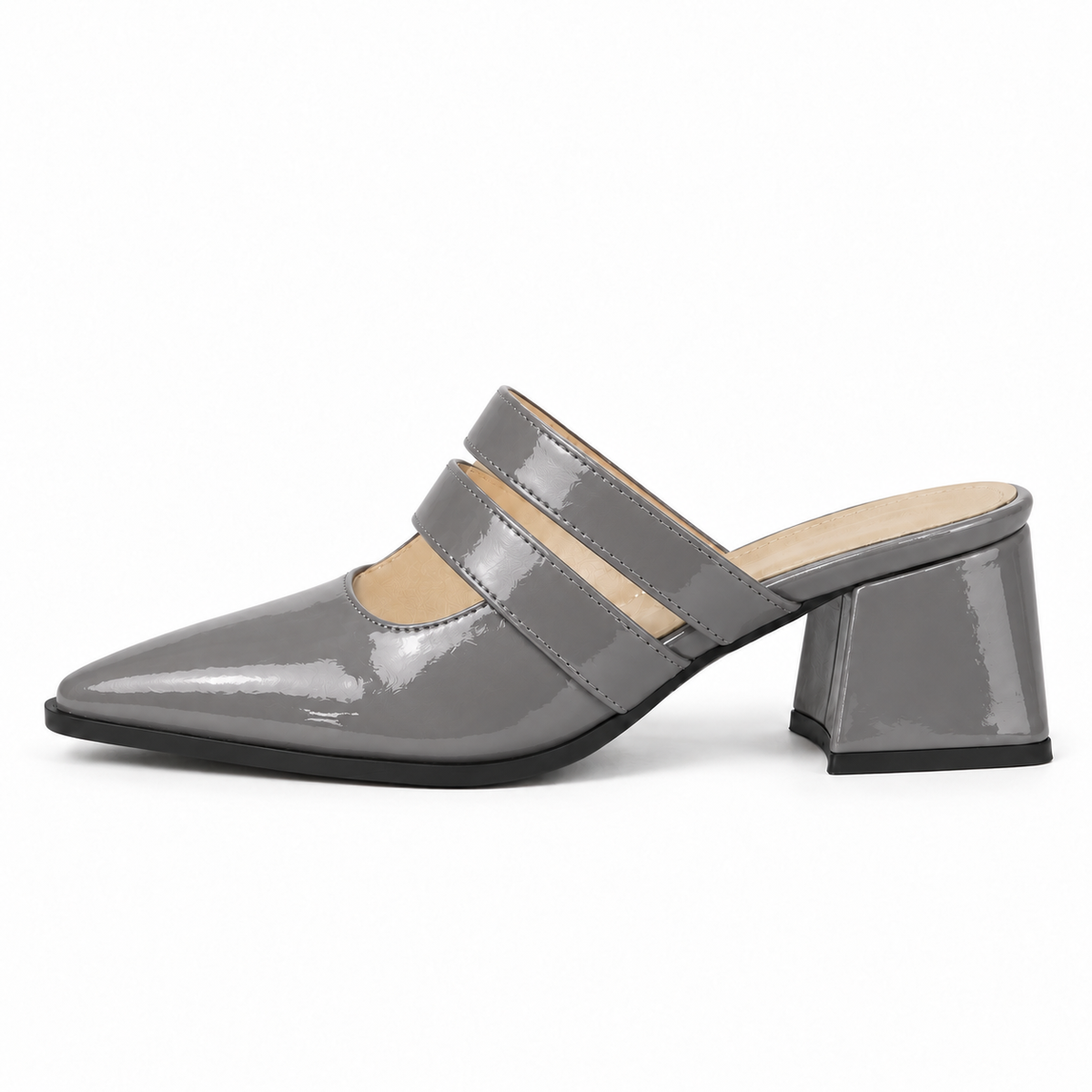 Double Strap Mules Gray – ميول حريمي بكعب جلد لامع رمادي، من الجنب – ECADRA
