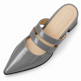 Double Strap Mules Gray – ميول حريمي بكعب جلد لامع رمادي، من فوق – ECADRA