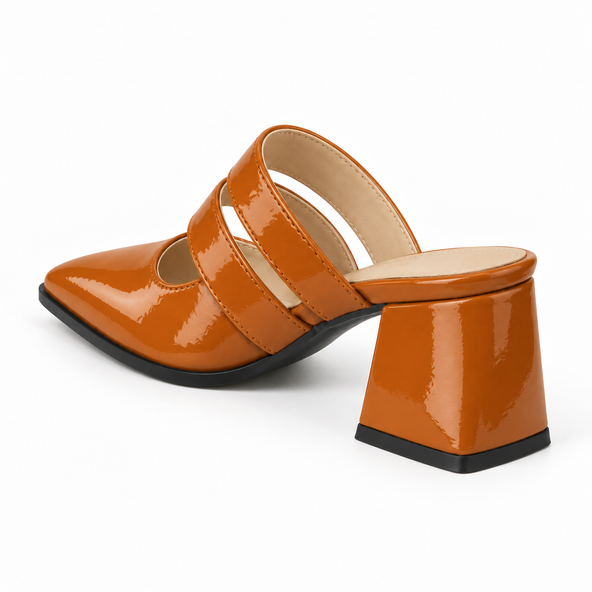 Double Strap Mules Havana – ميول حريمي بكعب جلد لامع هافانا، من ورا – ECADRA