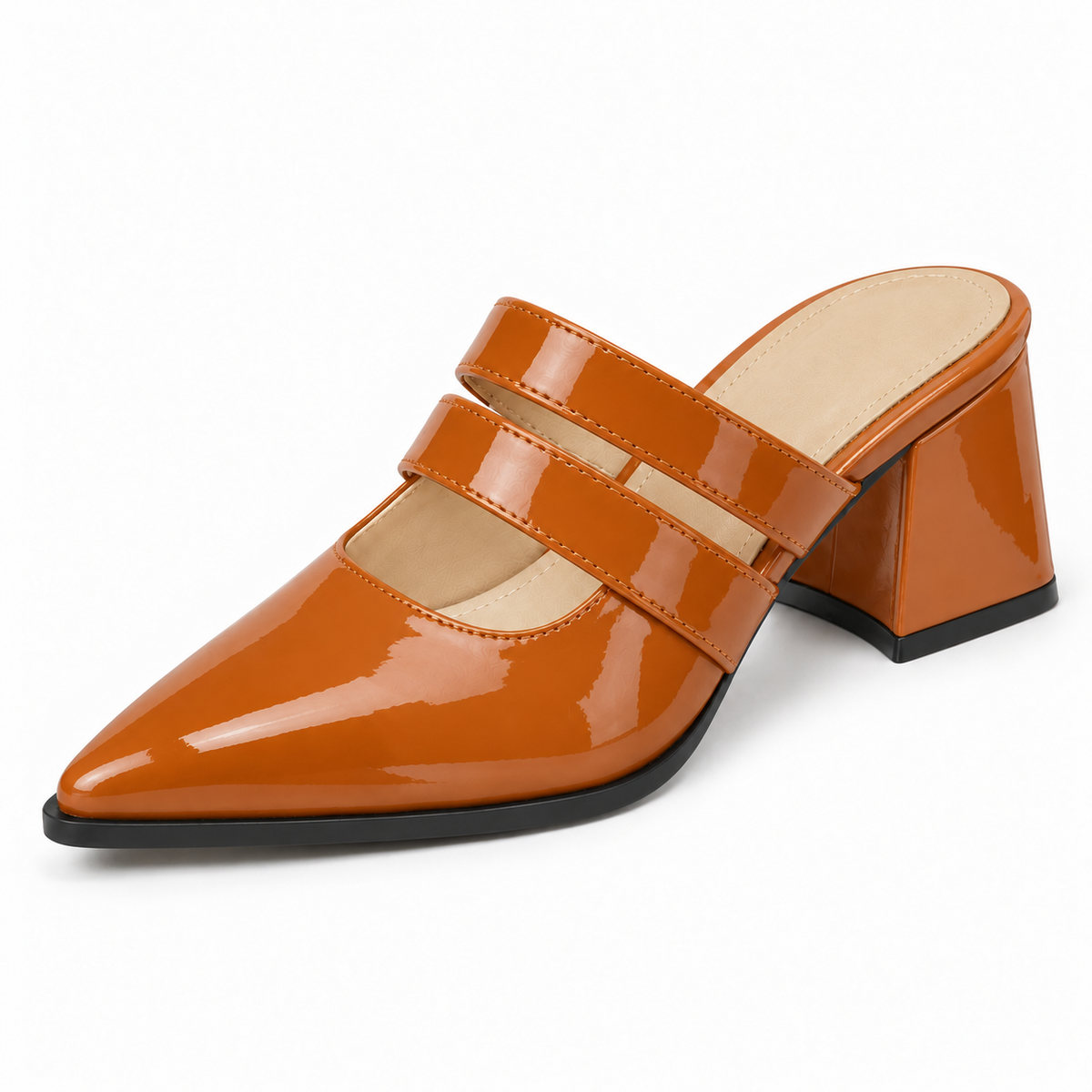 Double Strap Mules Havana – ميول حريمي بكعب جلد لامع هافانا، من قدام – ECADRA