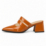 Double Strap Mules Havana – ميول حريمي بكعب جلد لامع هافانا، من الجنب – ECADRA