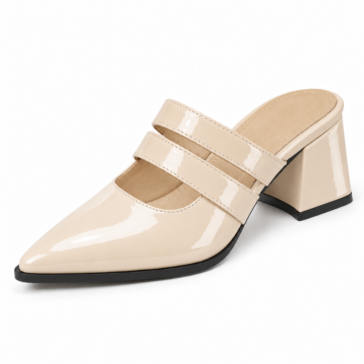 Double Strap Mules Ivory – ميول حريمي بكعب جلد لامع أوف وايت، من قدام – ECADRA