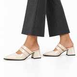 Double Strap Mules Ivory – ميول حريمي بكعب جلد لامع أوف وايت، على الرجل – ECADRA