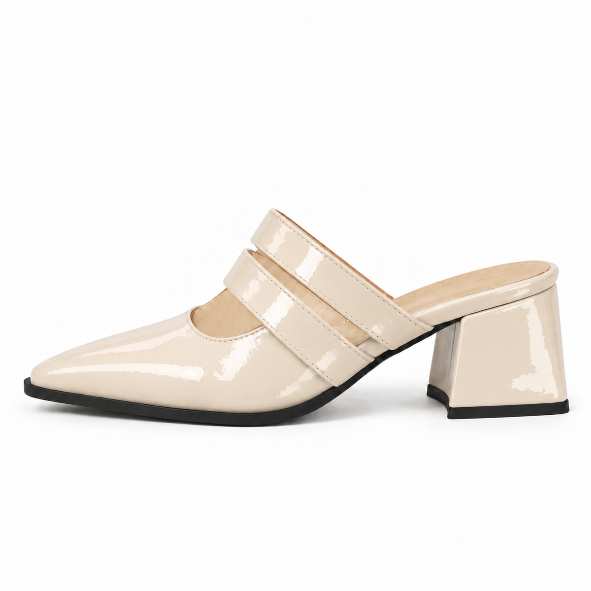 Double Strap Mules Ivory – ميول حريمي بكعب جلد لامع أوف وايت، من الجنب – ECADRA