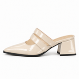 Double Strap Mules Ivory – ميول حريمي بكعب جلد لامع أوف وايت، من الجنب – ECADRA