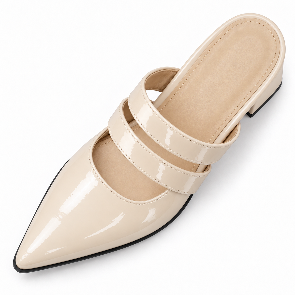 Double Strap Mules Ivory – ميول حريمي بكعب جلد لامع أوف وايت، من فوق – ECADRA